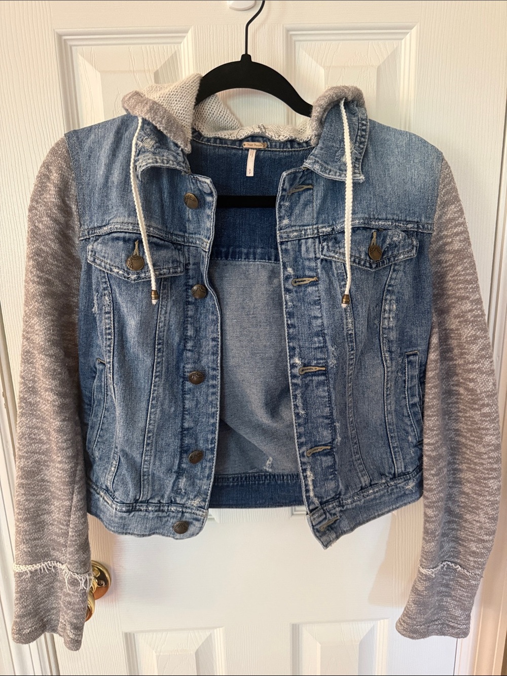 Free People Blue Denim Jacket with Gray Knit Hood & Sleeves